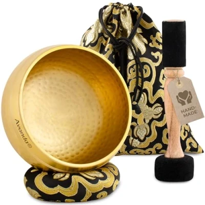 Image of Tibetan Singing Bowl Set for Yoga, Meditation and Relaxation Hammered Ø 13.5 cm, Double Beater with Felt Leather, Ring Cushion, Bag Instructions