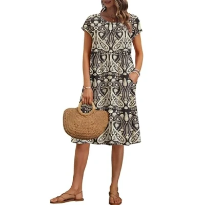 Image of AUSELILY Women&#039;s Summer Short Sleeve Knee Length Dresses Round Neck Loose Dress with Pockets Boho Floral Black M