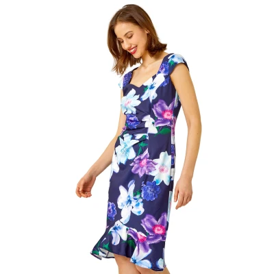 Image of Roman Originals Ruffle Hem Dress for Women UK Ladies Sweetheart Neckline Frill Hemline Scuba Velvet Bodycon Fitted Fluted Flattering Wedding Guests Special Occasion Outfit Navy Purple Size 10