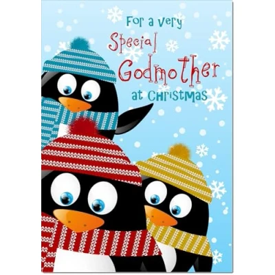 Image of doodlecards Godmother Christmas Card Three Penquins Medium Size with Plain Envelope