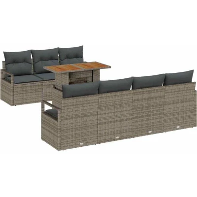 Image of vidaXL 8 Piece Garden Sofa Set with Cushions Grey Poly Rattan Acacia