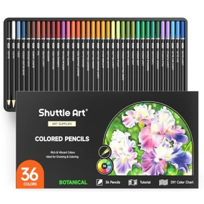 Image of Shuttle Art 36 Colouring Pencils Set, Botanical Themed Coloured for Adult Colouring, Soft Core Colour Pencils, Drawing Kids Artists Beginners Sketching
