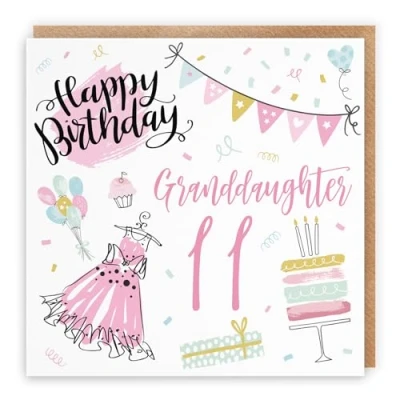 Image of Hunts England Granddaughter 11th Birthday Card Happy 11 Party Collection Fun, Pink Dress, Cake Pretty