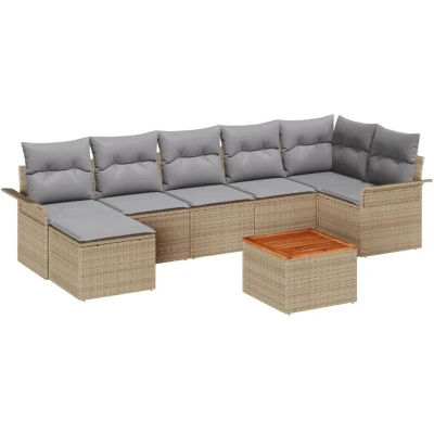 Image of vidaXL 8 Piece Garden Sofa Set with Cushions Beige Poly Rattan Acacia