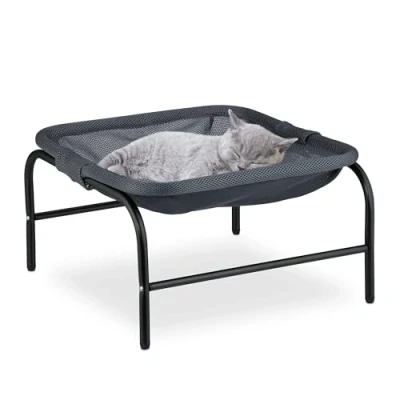 Image of Relaxdays Cat Hammock Bed, Freestanding, Raised Pet Perch, 27 x 45 cm, Mesh, Dog Lounger with Stand, Grey/Black, Steel, Polyester