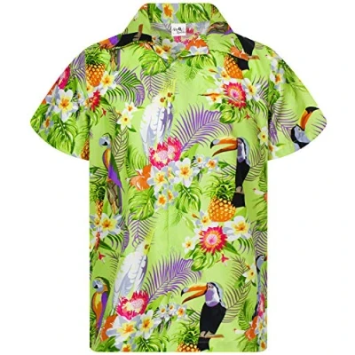 Image of King Kameha Mens Vintage Hawaiian Shirt Casual Short Sleeve Button Down Bird Designs, Parrot Cockatoo, Light Green, M