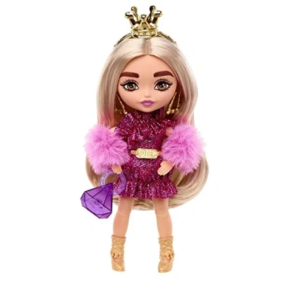 Image of BARBIE BRAND Extra Minis Doll #8 (5.5 in) Wearing Shimmery Dress &amp; Furry Shrug, with Stand Accessories, Toy for Kids Ages 3 Years Old Up, Multicolor, HJK67