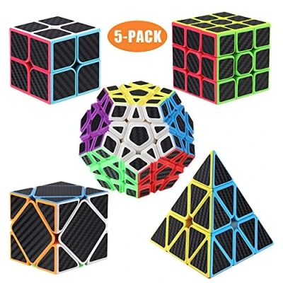 Image of ROXENDA Speed Cube Set, 2x2 3x3 4x4 Pyramid Dodecahedron Magic Fast Cubes Collection for Kids &amp; Adults [5 Pack](Carbon fiber)