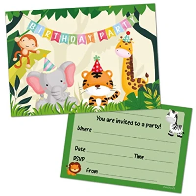 Image of 12 x Wild Jungle Animal Birthday Party Invitations Double Sided Elephant, Monkey, Giraffe, Tiger Design (Invitations Only)