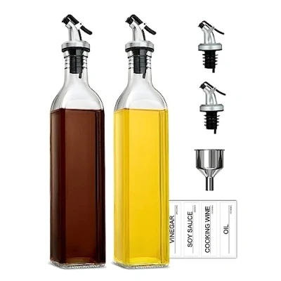 Image of Umi Olive Oil Dispenser Bottle 500ml and Vinegar Set,Clear Glass Drizzler with Spouts,Funnel Labels 2 Pack