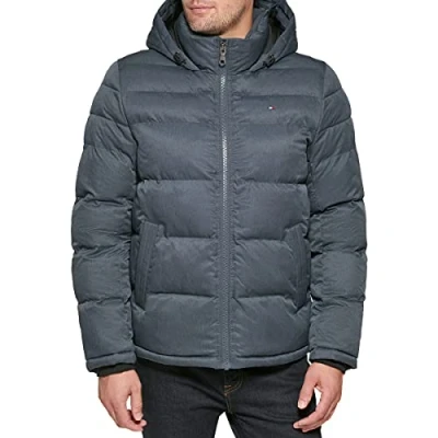 Image of Tommy Hilfiger Men&#039;s Down Alternative Hooded Puffer Jacket (Standard and Big &amp; Tall) Outerwear Coat, Heather Navy, S