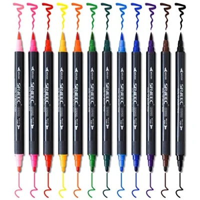 Image of Watercolour Brush Pen Set,SAYEEC 12 Colours Dual Tip Pens with Fineliner Art Marker Soft Flexible Durable Create Watercolor Effect Best for Adult Coloring Book/Manga/Comic/Calligraphy