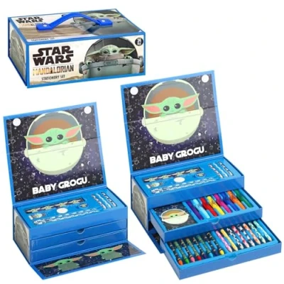 Image of Star Wars The Mandalorian Kids 43pc Colouring Art Stationery Set with Watercolour Felt Tip Pens Crayons and Pencils Travel for Children