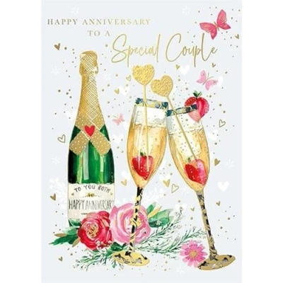 Image of Words &#039;n&#039; Wishes &#039;Special Couple&#039; Anniversary Card Champagne Flutes with Strawberries and Flowers Embossed Foil Eco Friendly Made in Great Britain