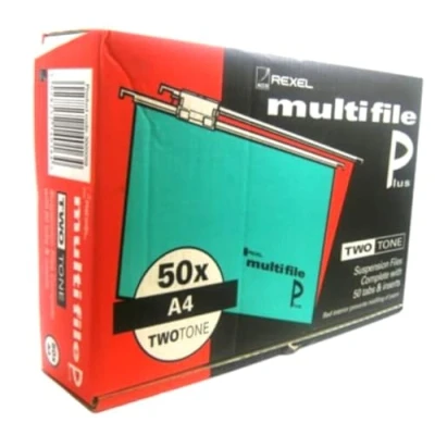 Image of Rexel Multifile Plus Two Tone Green/RED A4 Suspension Files, 15mm V Base Hanging Filing Folders Complete with Tabs &amp; Inserts for Cabinets at Office, Work, School Pack of 50