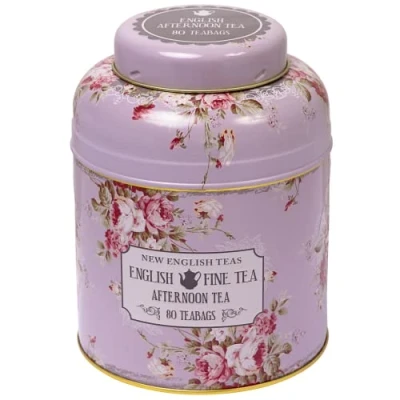 Image of New English Teas Lavender Vintage Floral Tea Caddy with 80 Afternoon Teabags