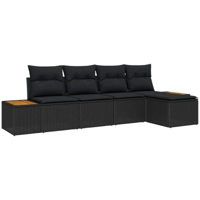 Image of vidaXL 5 Piece Garden Sofa Set with Cushions Black Poly Rattan Acacia