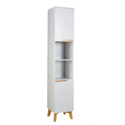Image of Home Source Bathroom Tall Storage Cabinet, Open Shelving 2 Door Tallboy Organising Unit, White