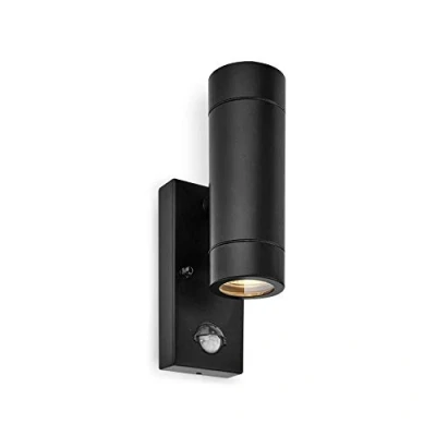 Image of Palin Outdoor Lights with Built in PIR Outside Mains Powered GU10 LED Compatible Wall Up Down IP44 Rated Light, Matt Black