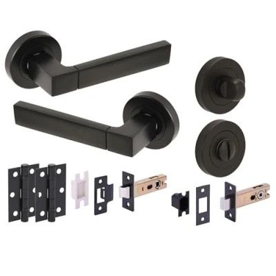Image of HANDLEZONE® Luxa Door Handles on Rose Bathroom Deadbolt Pack, 76mm Lock and Latch, 75mm Ball Bearing Hinges Black Matt
