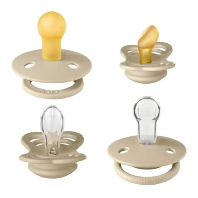 Image of BIBS Try it Soother 4 Pack. BPA Free, Round, Symmetrical and Orthodontic Nipple. Natural Rubber Latex, Made in Denmark. 0+ Months (Pack of 4), Vanilla