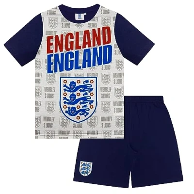 Image of England Three Lions Official Gift Boys Short Pyjamas White Text 10 11 Years