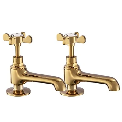 Image of Basin Pillar Taps Pair Polished Gold Sink Hot and Cold Cross Lever Twin Bathroom Victorian Traditional Faucet Vintage Peppermint