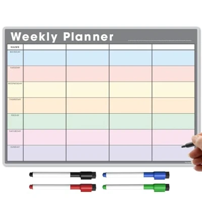 Image of TMS A3 Magnetic Weekly Planner and Organiser Fully Customisable Whiteboard for Family or Business Tasks Meal Planning with 4 Free Dry Wipe Pen (Grey Multi Coloured, A3)