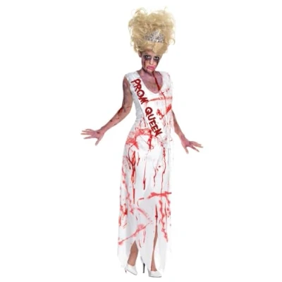 Image of Smiffys High School Horror Zombie Prom Queen Costume, Whit with Dress &amp; Attached Sash, Halloween Alley Fancy Dress, Up Costumes