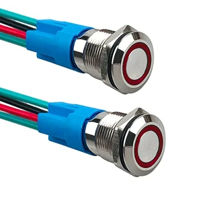 Image of Aiqeer 2 Pcs 12 mm Momentary Push Button Switch, 12V / 24V 3A Car Ignition Starter IP66 Waterproof Stainless Steel with Pre Wired Socket (Red LED)