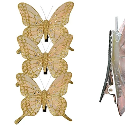 Image of Christmas 3 Pack Clip on Feather Butterfly with Glitter Tree Decoration Champagne Gold