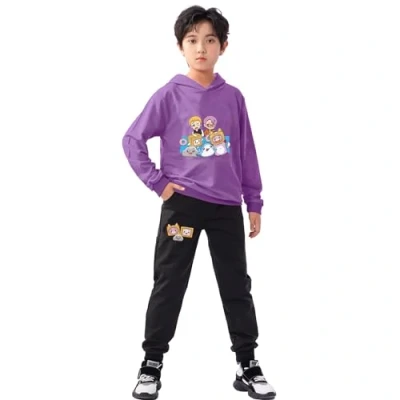 Image of LANKYBOX 2 Pieces Kids Cotton Hoodie and Joggers Set Piece Boys Girls Long Sleeve Top Foxy Boxy Jumper Hoody Sweatshirts (UK, Age, 7 Years, 8 Regular, Purple)