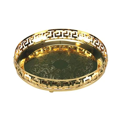 Image of Gold Serving Tray Round Decorative Mirror Polished Paandan Plated Engraved Centrepiece Tealight Candles Plate Tea Fruit Platter Snacks Cupcake Drinks 23cm (Style 2 Gold)