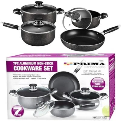 Image of 7X Pcs Prima Aluminium Black &amp; Grey Cookware Set Non Stick Saucepan Stone Vein with Lid Pot Frypan Stockpots Home Pans Kitchen Cooker 161824cm DIY Dining Bar UK Free P&amp;P