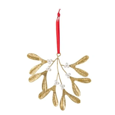 Image of Bloomingville Hatun Collection Mistletoe Christmas Hanging Ornament Elegant Gold Coloured Design with White Pearls Perfect for Tree or Festive Window Decoration, Iron Composition Size H12xW13 cm