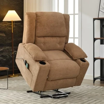 Image of Merax Oversized Power Lift Recliner Armchair, Modern Upholstered Massage Chair with Cup Holders, Soft Fabric Reclining Chairs Heat and for Living Room, Ultimate Comfort, Light Brown