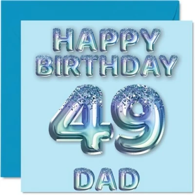 Image of 49th Birthday Card for Dad Blue Glitter Party Balloons Happy Cards 49 Year Old Father from Son Daughter, 145mm x Bday Greeting Gift