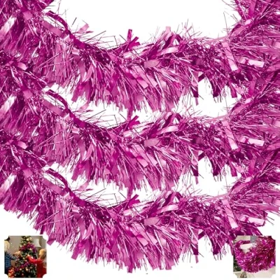 Image of HOVUK® 3PCs Hot Pink Tinsel Christmas Garlands 2M Thick and Thin Chunky Garlands, Xmas Tree Decoration Home Decor, Girls Party Supplies