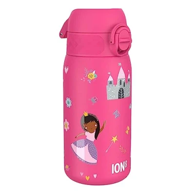 Image of Ion8 Stainless Steel Water Bottle (350ml) Leakproof Drinking Bottle, Triple Lock Lid Prevent Spills &amp; Hide Away Handle, Dishwasher Safe Straw Compatible, Slimline Design for Backpacks, Princess