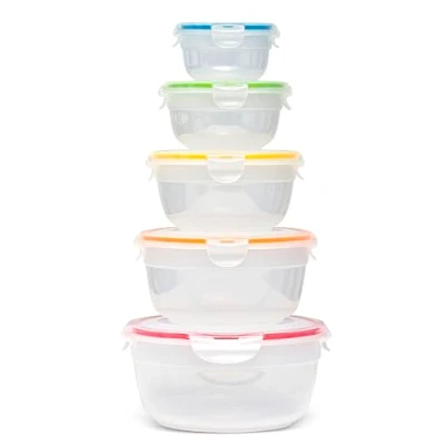 Image of Lock &amp; Food Storage Containers with Lids Airtight 5 Piece Nestable Round 4 Side Locks, Watertight, Microwave Dishwasher Safe, BPA Free Plastic