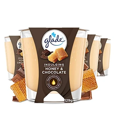 Image of Glade Jar Candle, Scented Candle Infused with Essential Oils, Up to 42 Hour Burn Time, Honey &amp; Chocolate, Pack of 4 (4 x 129g)