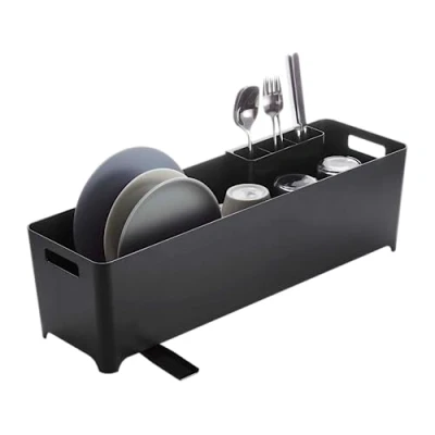 Image of YAMAZAKI Home Slim Drainer Basket Modern Kitchen Strainer Plastic Dish Rack, Black, One Size