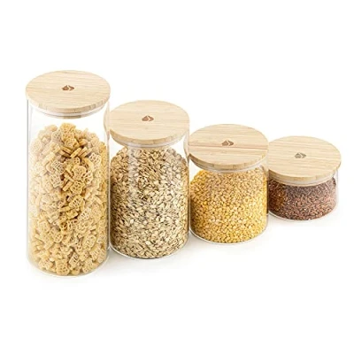 Image of Navaris Glass Storage Jars (Set of 4) Airtight Food Containers with Wooden Bamboo Lids Stackable Cylinder Canister Design for Kitchen Dry Goods