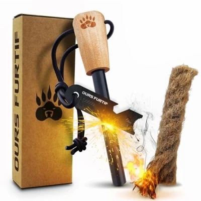 Image of Survival Flint and Steel Fire Starter Ferrocerium XL 10mm Light More Than 15,000 Fires Ferro Rod Firelighter Included Firestarter Kit for Camping, Bushcraft (Jute rope)