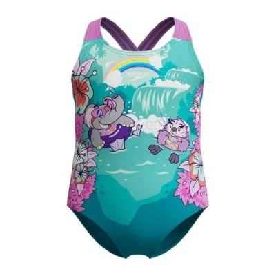 Image of Speedo Girl&#039;s Learn to Swim Printed Crossback Swimsuit Chlorine Resistant Recycled Fabric Stretchy Swimsuit, Neon Violet, 4YRS