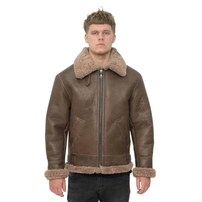 Image of Infinity Men&#039;s Brown B3 Shearling Sheepskin WW 2 Bomber Leather Flying Aviator Jacket 4XL