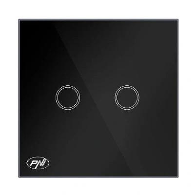 Image of PNI SH222 Two Gang Touch Switch, Black Glass with LED Indicator, 10A, 2X200W