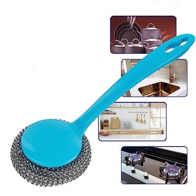 Image of Zale Yardley Stainless Steel Sponges Scrubbing Scouring Pad Long Handle Washing Up Scourer Non Scratch Wire Brush Scrub Plus 1 Extra Ball Easy Grip Cleaning Pots Pans