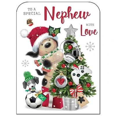 Image of Jonny Javelin Special Nephew Christmas Card Fudge Cuddly Dog and Tree Gaming Decorations with Foil Flitter Details