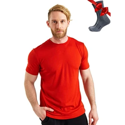 Image of Merino.tech Merino Wool T Shirt Mens 100% Organic Undershirt Lightweight Base Layer + Hiking Socks(XX Large, Red)